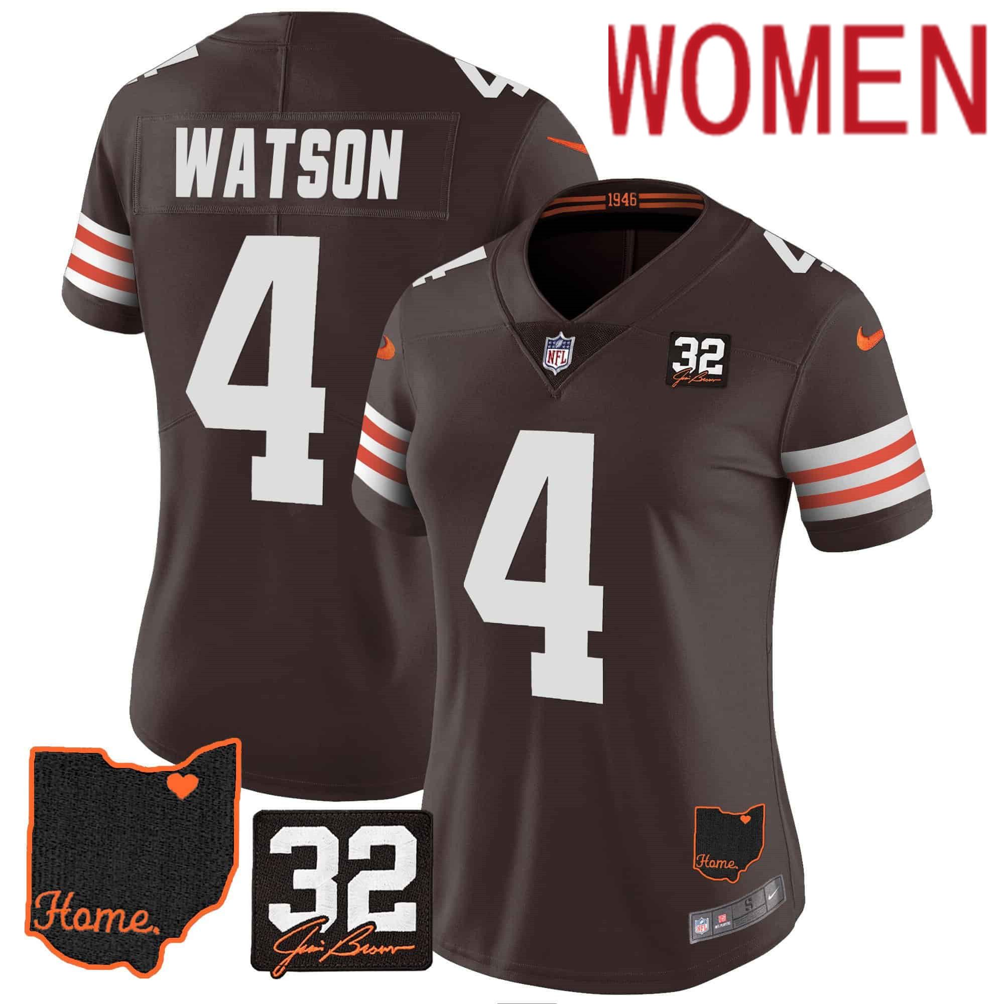 Women Cleveland Browns 4 Watson Brown Memorial Home Patch 2024 Nike NFL Jersey style 1